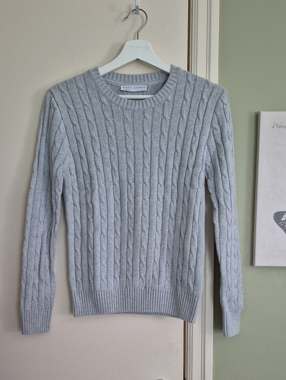 NWOT Paul James Grey Cotton Cable Crewneck Sweater, S